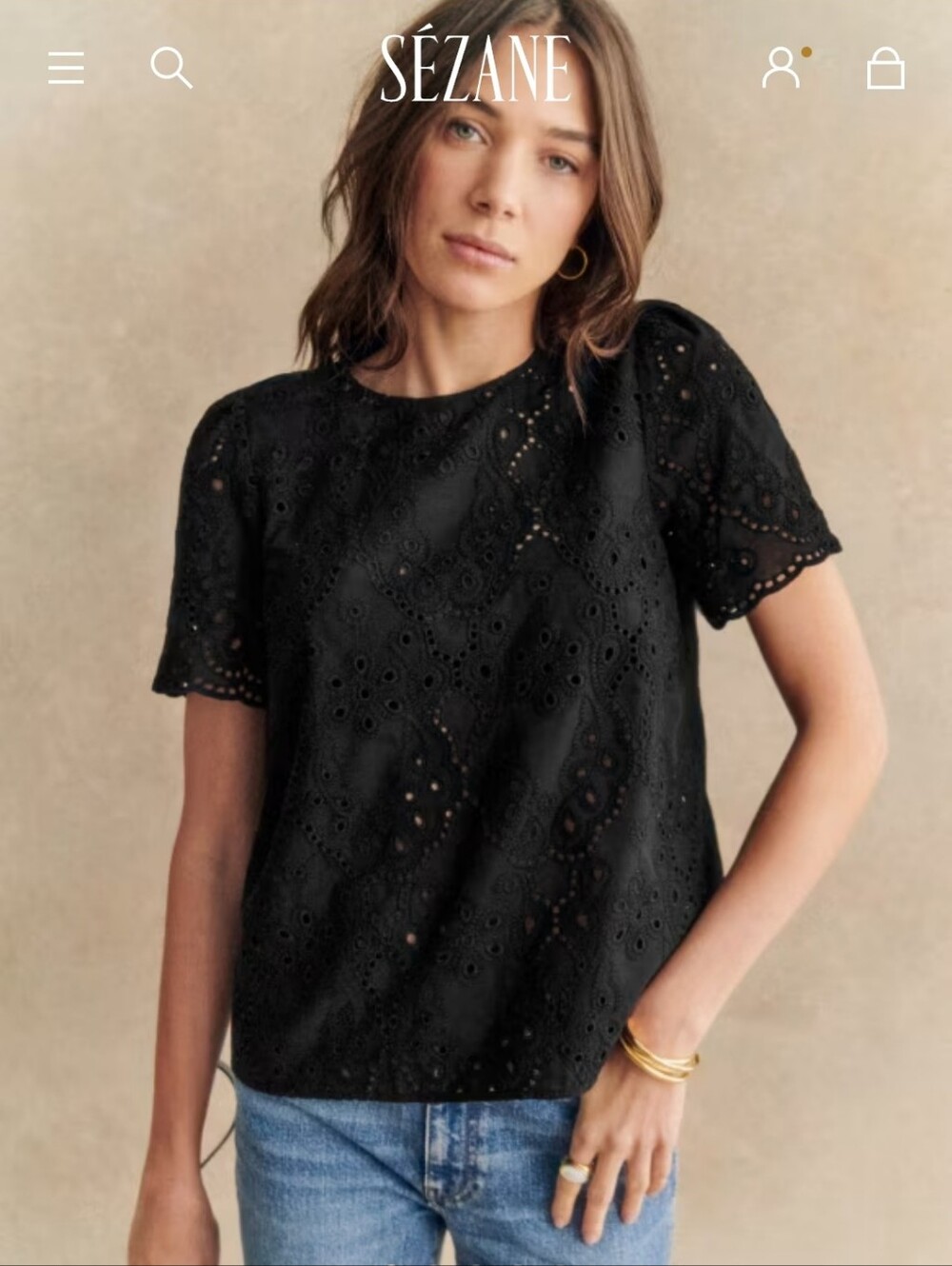 Sezane Black Anabelle Eyelet Puff Sleeve Blouse
